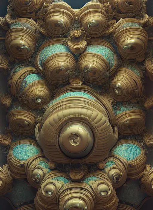 Image similar to highly detailed surreal vfx portrait of a 3 d landscape of stacks of recursive speakers, polyphonic ecstacy, ornate, hyperrealistic, octane render, chiaroscuro, inspired by james jean, mandelbulb 3 d, android jones, beeple, rhads, alphonse mucha, frostbite 3 engine