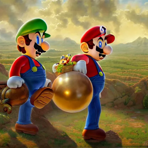 Image similar to mario and luigi at a photo shoot, detailed, centered, digital painting, artstation, concept art, donato giancola, joseph christian leyendecker, wlop, boris vallejo, breathtaking, 8 k resolution, extremely detailed, beautiful, establishing shot, artistic, hyperrealistic, beautiful face, octane render, cinematic lighting, dramatic lighting, masterpiece