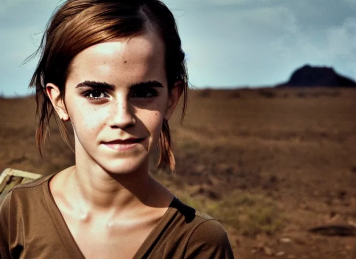 Image similar to emma watson portrait, battle of khe sanh, landscape background burned trees,