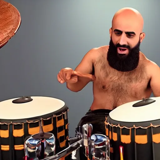 Image similar to bald arab guy with a beard playing a drum solo on a large drum kit, hyper realistic, cinematic quality, stunning, epic