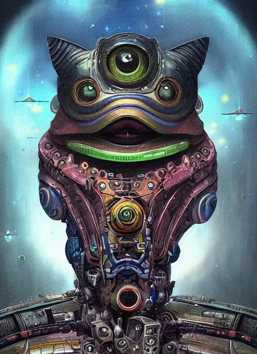 Prompt: close up sci - fi hippie poster art simon stalenhag reptile robot eyes, rainbow fur, elegant, highly detailed, centered, digital painting, concept art, smooth, sharp focus, illustration, artgerm, tomasz alen kopera, peter mohrbacher, donato giancola, joseph christian leyendecker, wlop, frank frazetta