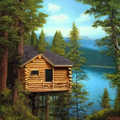 Prompt: cabin on a cliff overlooking a lake in a forest, Stephen youll