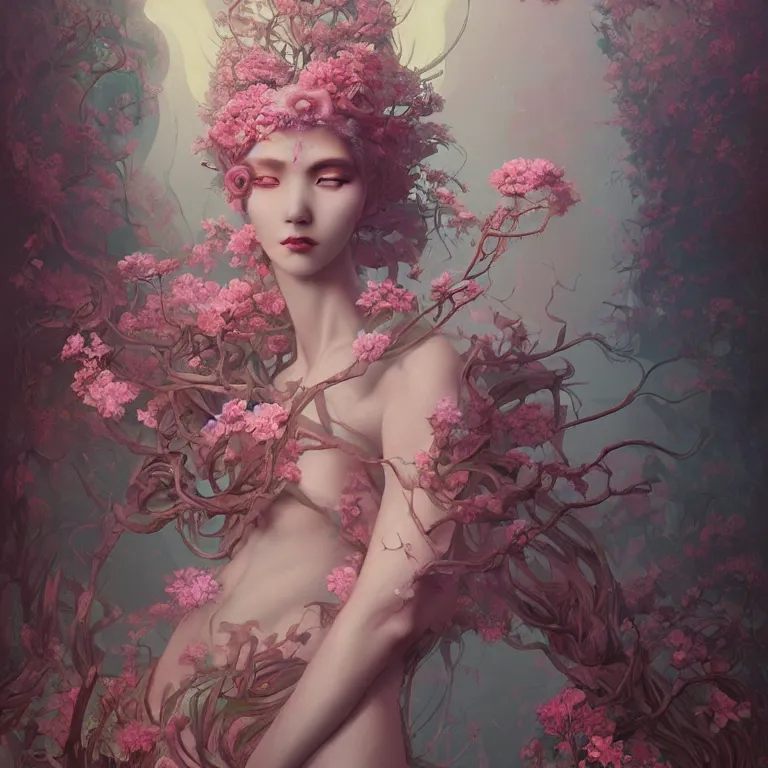 Image similar to breathtaking detailed concept art painting art deco portrait of gaea the goddess amalgamation flowers, by hsiao - ron cheng, bizarre compositions, exquisite detail, extremely moody lighting, 8 k