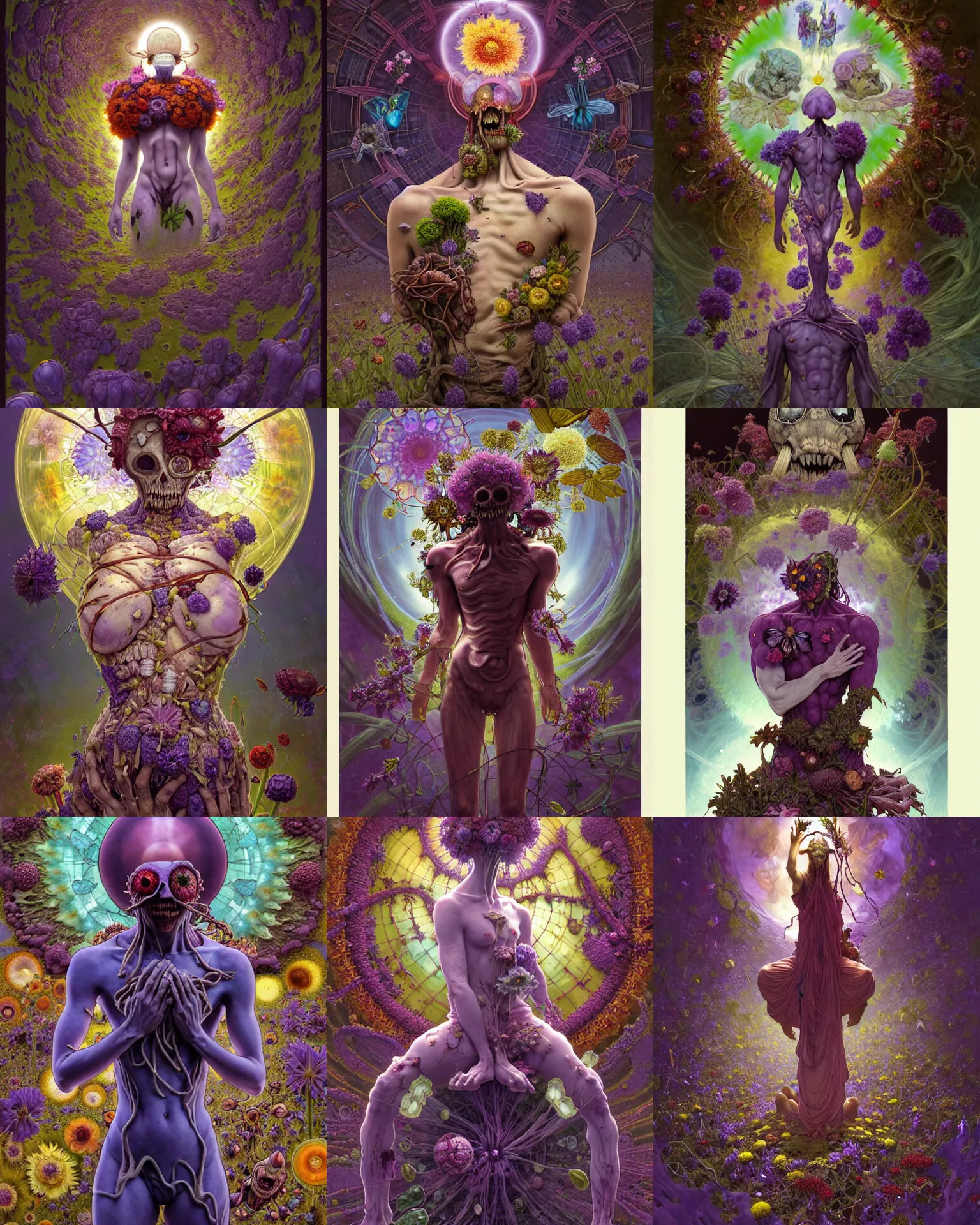 Image similar to the platonic ideal of flowers, rotting, insects and praying of cletus kasady carnage thanos dementor wild hunt doctor manhattan chtulu mandelbulb mandala ponyo spirited away davinci heavy rain, d & d, fantasy, ego death, decay, dmt, psilocybin, art by artgerm and greg rutkowski and alphonse mucha