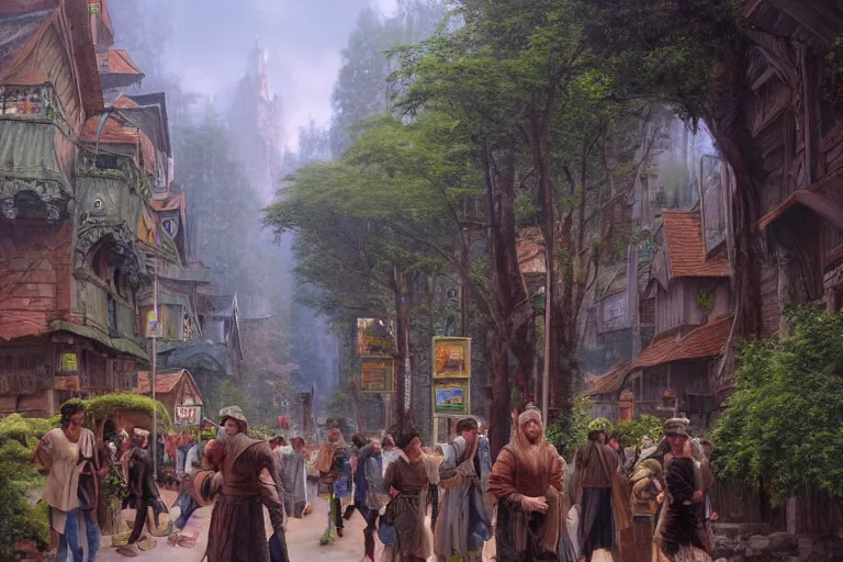 Prompt: people in the streets of the medieval castle town of nyakakatan, in a temperate rainforest, matte painting city street scene by james gurney and angus mcbride, 8 k concept art