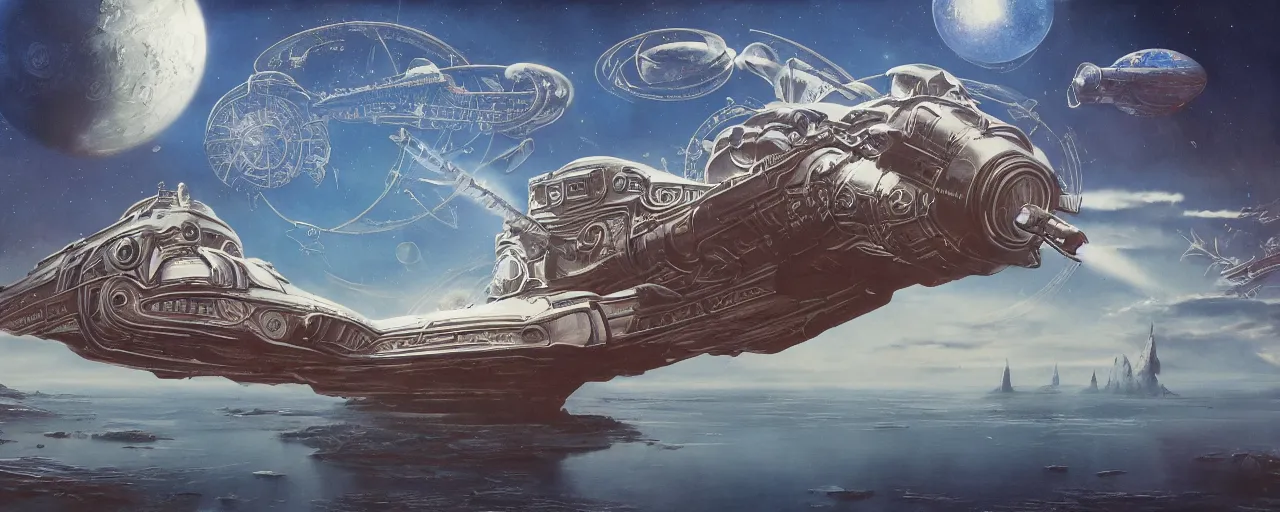 Image similar to By Jim bush and ed repka, air brush illustration, matte painting of a vintage alien ship landing on an alien planet, human astronauts making first contact, ornate pattern on the ship, retro futuristic, science fantasy, symmetry accurate features, very intricate details, artstation