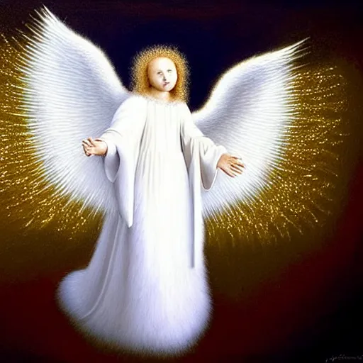 Image similar to highdetailed hyperrealistic painting of white angel!!! no gender!!!, giant ball of miracle light from the chest!!!!!, white sparkles everywhere, 4 k hd fur face!!!, big wings, by jan van eyck, holography space, glow effect, large strokes, soft and clean, white monochrome color!!!!!