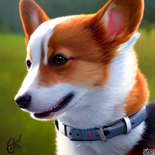 Prompt: a corgi with a very long neck, extremely cute, hyperrealistic, highly detailed digital illustration by greg rutkowski, artgerm, trending on artstation, masterpiece, award - winning, 8 k