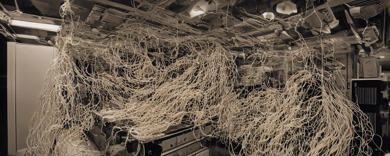 Image similar to taxidermized, a large computer server room overflowing with spaghetti, 5 0 mm, 1. 8 aperture, cinematic lighting, photography, retro, film, kodachrome, closeup