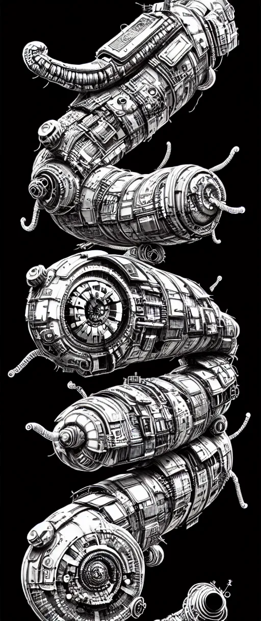 Prompt: cyberpunk steampunk caterpillar, high details, lineart, by vincent di fate and joe fenton, inking, screen print, masterpiece, trending on artstation, sharp, high contrast, hyper - detailed,, hd, 4 k, 8 k