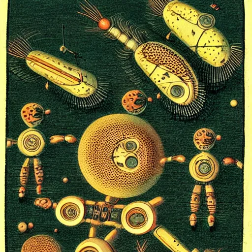 Image similar to beautiful illustration, color plate from the book “ various microscopic robots ” published in 1 8 6 2