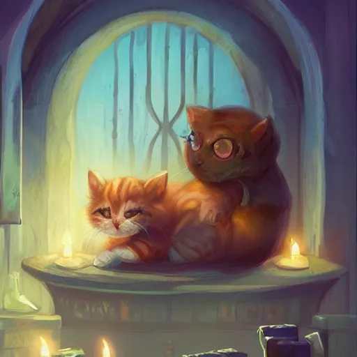 Image similar to beautiful fantasy illustration of an adorable kitten sleeping on the counter of a potion shop. candles, books. by andreas rocha and marc simonetti, trending on artstation 8k hq