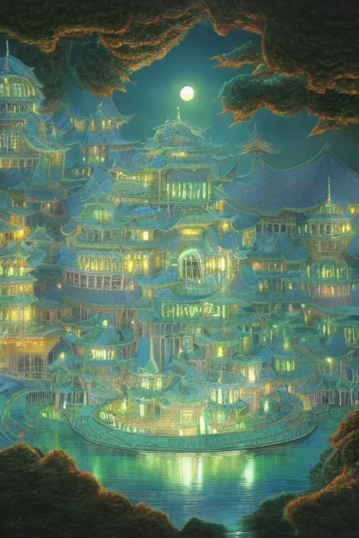 Prompt: moon palace, palace, made of crystals, dream, cloud, tintal effect, super detail, 8 k, volume light, ultragreen, chinese traditional color tone, by hayao miyazaki and lee madgwick, trending on artstation