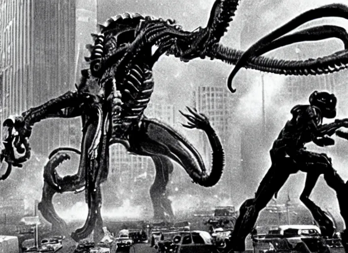 Image similar to Giant xenomorph attacking a city in a still from the movie Destroy All Monsters (1968), high quality