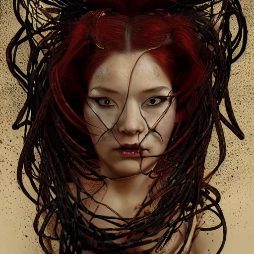 Prompt: portrait of a Shibari rope wrapped face and neck, headshot, insanely nice professional hair style, dramatic hair color, digital painting, of a old 17th century, old cyborg Njurse, amber jewels, baroque, ornate clothing, scifi, realistic, hyperdetailed, chiaroscuro, concept art, art by Franz Hals and Jon Foster and Ayami Kojima and Amano and Karol Bak,