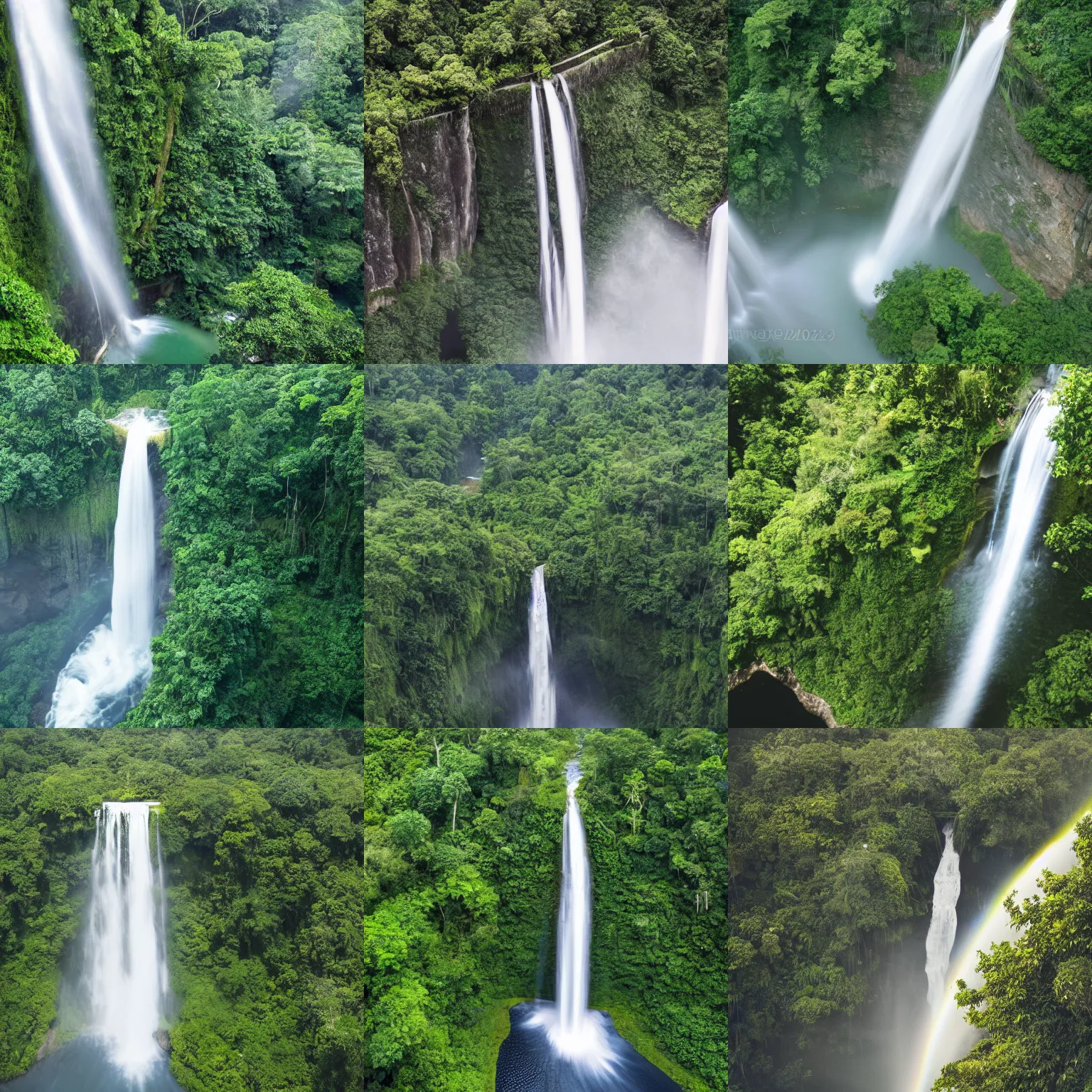 Prompt: photograph of waterfall, the water is running down a skyscraper, jungle in background, aerial photograph