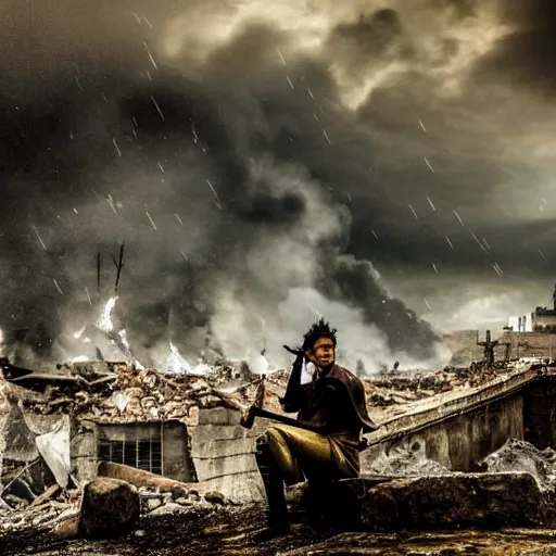 Prompt: Exhausted Warrior sitting with back against destroyed building, holding a sword, after a long battle, Wartorn European city, raining, smoke and fire can be seen, Cinematic, Dramatic, DO