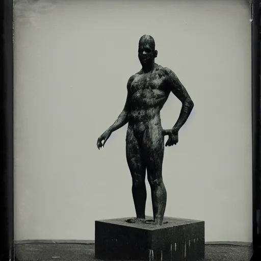 Image similar to Wet plate image of statue of a giant mythic man with black wings, age 34, outside 30 Rockefeller Center, Dark photo, Slightly blurred,