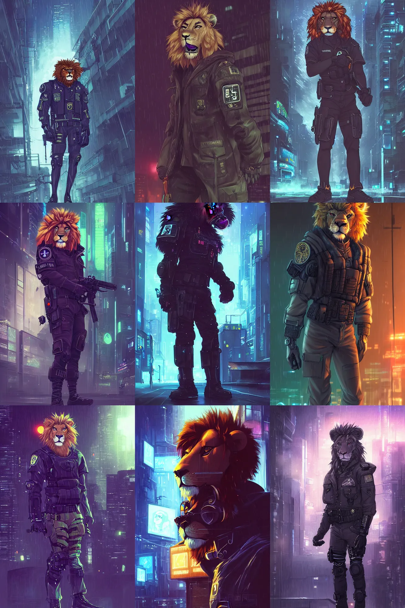 Prompt: beautiful portrait commission of a male furry anthro lion fursona wearing a cyberpunk swat uniform in a cyberpunk city at night in the rain. character design by charlie bowater, ross tran, artgerm, and makoto shinkai, detailed, inked, western comic book art