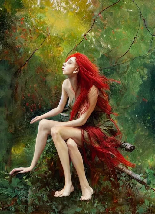 Image similar to full body portrait of a beautiful woman with fire red flowing hair, her pale body loosely clothed in vines, sitting on a bench, leaning backwards, dense foliage in the background, by Jeremy Mann, vivid colors, green hue, stylized, detailed, loose brush strokes