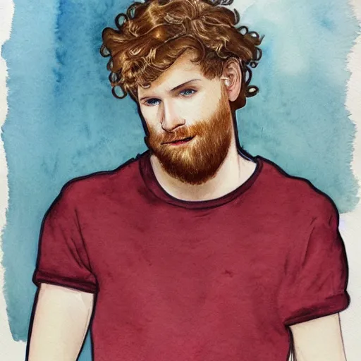 Image similar to abstract watercolor drawing of a young cute handsome beautiful strawberry blond medium very curly thick hair man in his early 2 0 s wearing a blank maroon t - shirt with grey - blue eyes, by elizabeth peyton and alphonse mucha, trending on artstation, artgen, tumblr
