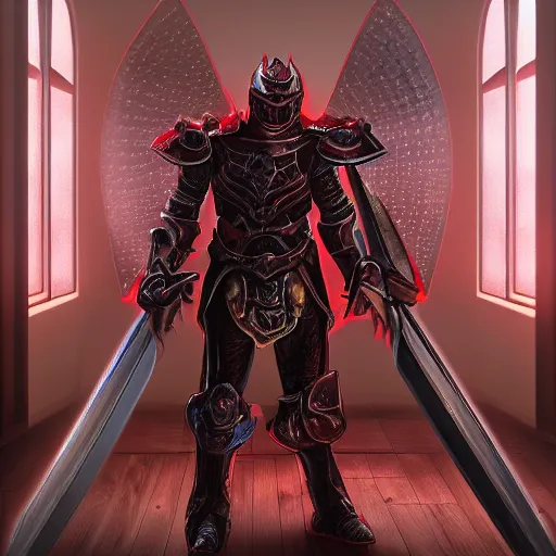 Prompt: evil knight, glowing halo, fantasy paladin, intricate red legendary armor, located in a castle, morning sunlight through the window, decorated, high quality, highly detailed, 4 k