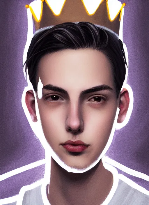Image similar to portrait of teenage jughead jones wearing a light grey crown, crown, hamburger background, eyes closed, crown, black hair, intricate, elegant, glowing lights, warm lighting, highly detailed, digital painting, artstation, concept art, smooth, sharp focus, illustration, art by wlop, mars ravelo and greg rutkowski