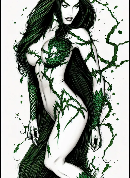 Prompt: symmetrical concpet art, full shot, traditional ink, sketch, of megan fox as poison ivy, line sketch, intricate, elegant, highly detailed, monochrome, digital painting, artstation, concept art, green, black, red ink sharp focus, illustration, art by borderlands 3 and peter polach
