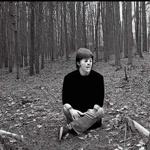 Prompt: trailcam footage of young Paul McCartney crying in woods at night