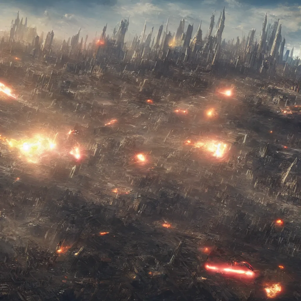 Image similar to [six giant futuristic scifi-bombers] in the center, [a baroque cyberpunk city skyline in the background], [explosions and fire]