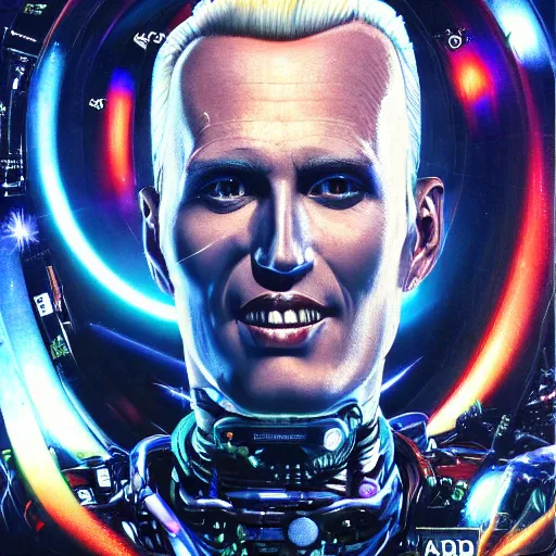 Prompt: uhd hyperrealistic photorealisitc detailed image of cosmic max headroom with sparking, busted, broken cybernetic implants by ayami kojima, amano karol bak, greg hildebrandt and mark brooks