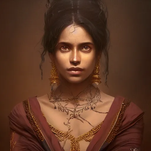 Prompt: portrait of a srilankan woman, dreamy, fantasy, pain, intricate, elegant, highly detailed, digital painting, artstation, concept art, matte, sharp focus, illustration, octane render, unreal engine, art by aenaluck and roberto ferri and greg rutkowski, epic fantasy, digital painting