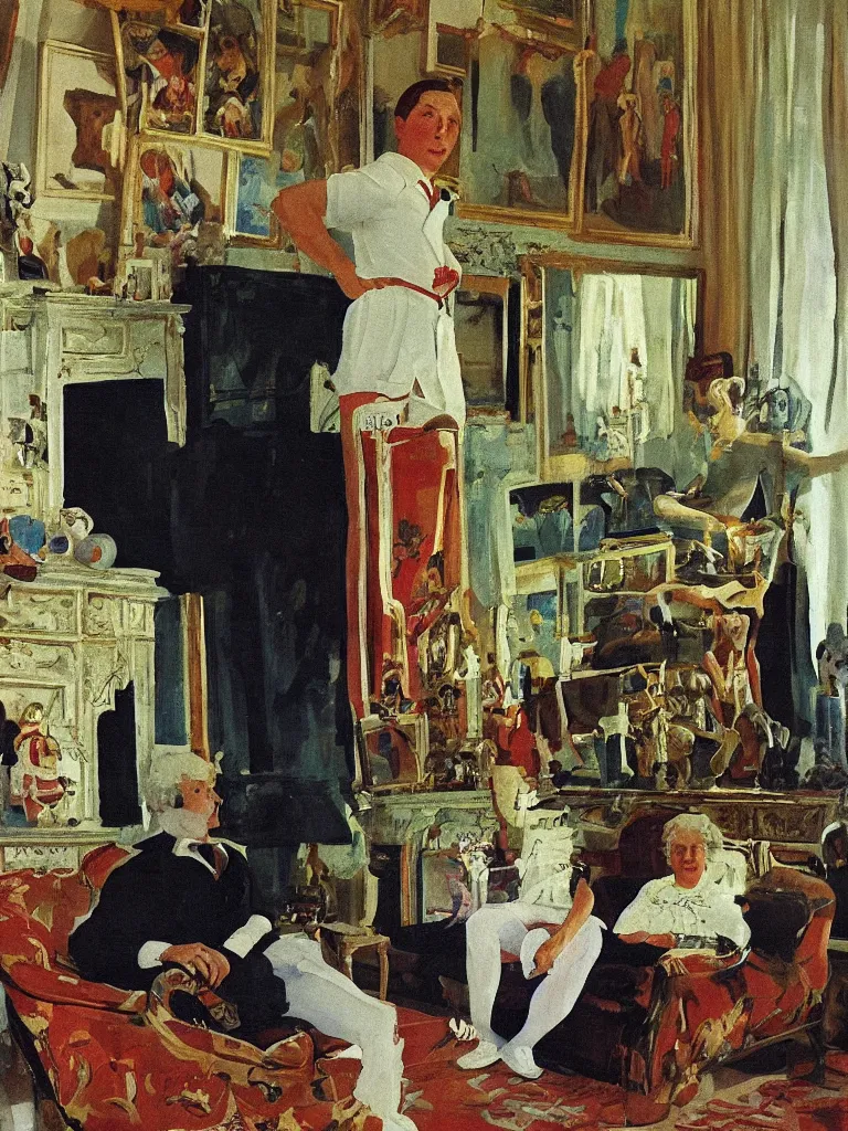 Image similar to olympic russian athlete young man posing in his living room, his grandparents are sitting on the coach behind him, by Konstantin Somov, 1987.