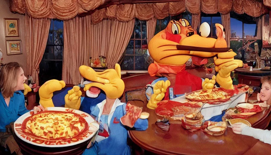 Image similar to 1990s photo of inside the Garfield Mystery Lasagna ride at Universal Studios in Orlando, Florida, riding a plate of Lasagna with Garfield through a living room filled with tons of food, cinematic, UHD