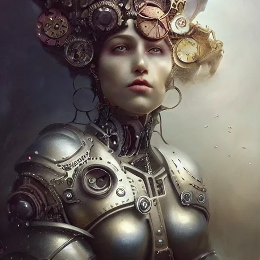 Image similar to by tom bagshaw, ultra realist vivid soft painting of a carnival of curiosities, single curvy etheral voung steampunk female in a full ornated armor gears, cables, led, flying machinery, partial symmetry accurate features, very intricate details, focus, award winning, ultra dense fog