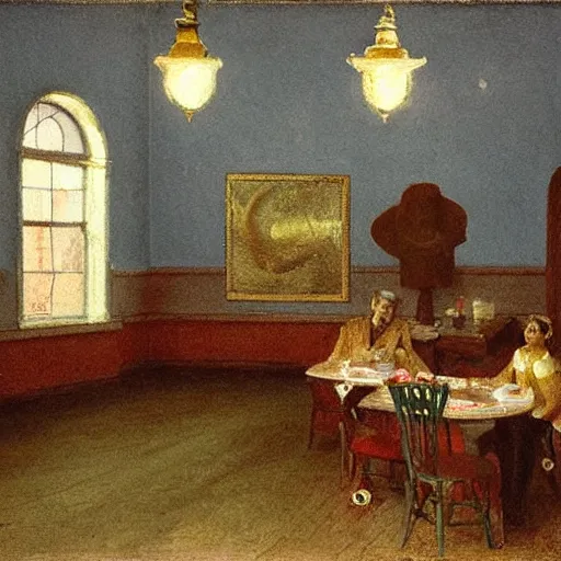 Image similar to ice cream parlor ( 1 8 5 0 ). the room is dimly lit with a one flickering lightbulb. the ice cream case has leaked runny ice cream onto the floor, the shape of the leak is reminiscent of werewolf fangs. there is an eerie blue electric glow. by thomas eakins