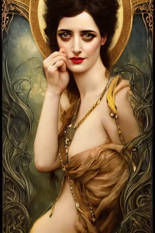 Prompt: Eva Green by Tom Bagshaw in the style of Gaston Bussière, art nouveau