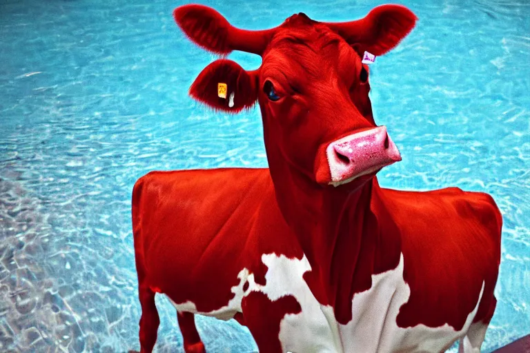 Prompt: a cow standing in a pool of blood, staring at you ominously