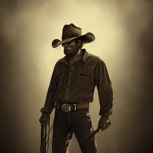 Image similar to portrait, a last stand of a cowboy, painting, dramatic lighting, cinematic, establishing shot, extremely high detail, foto realistic, cinematic lighting, pen and ink, intricate line drawings, post processed, concept art, artstation, matte painting, concept art, DeviantArt, art station, illustration highly detailed