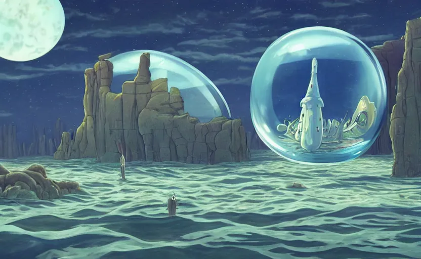 Image similar to a scary hyperrealist painting of a starship in a giant transparent bubble from howl's moving castle ( 2 0 0 4 ) in a flooded monument valley stonehenge jungle. depth perception, 4 k, artstation, in the style of studio ghibli