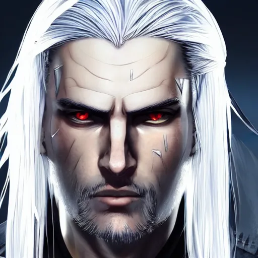 Image similar to well drawn animation portrait Anime geralt of rivia Sharp fine full body portrait , realistic shaded Perfect face, fine details. Anime. cyberpunk realistic shaded lighting by katsuhiro otomo ghost-in-the-shell, magali villeneuve, artgerm, rutkowski Jeremy Lipkin and Giuseppe Dangelico Pino and Michael Garmash and Rob Rey