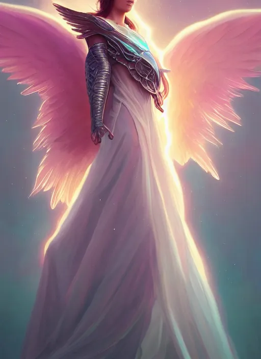 Image similar to angel with big wings, low key light, full plate armor with cloth, f 1 6, bokeh, extreme close up portrait, gentle, female, mountain, storm, god rays, landscape, d & d, fantasy, elegant, teal pink white gold color palette, concept art, moebius, greg rutkowski, alphonse mucha