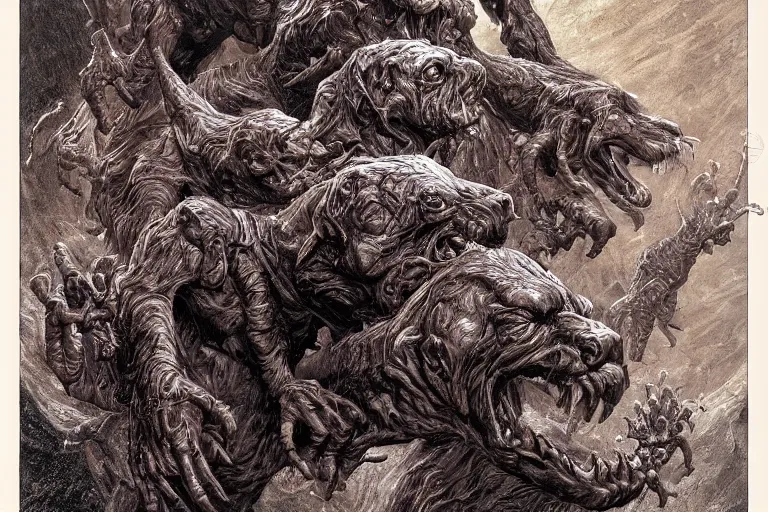 Image similar to cerberus hyperdetailed photo of a cerberus by ed binkley, wayne barlowe, ilya repin, alex horley, johfra bosschart, craig mullins, three head one body, cerberus, details