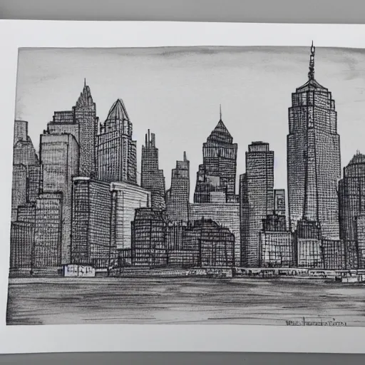 downtown manhattan at sunrise. detailed ink wash | Stable