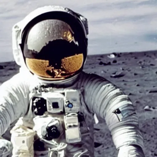 Prompt: penguin astronaut wearing helmet, standing next to the Apollo lunar lander. TV footage