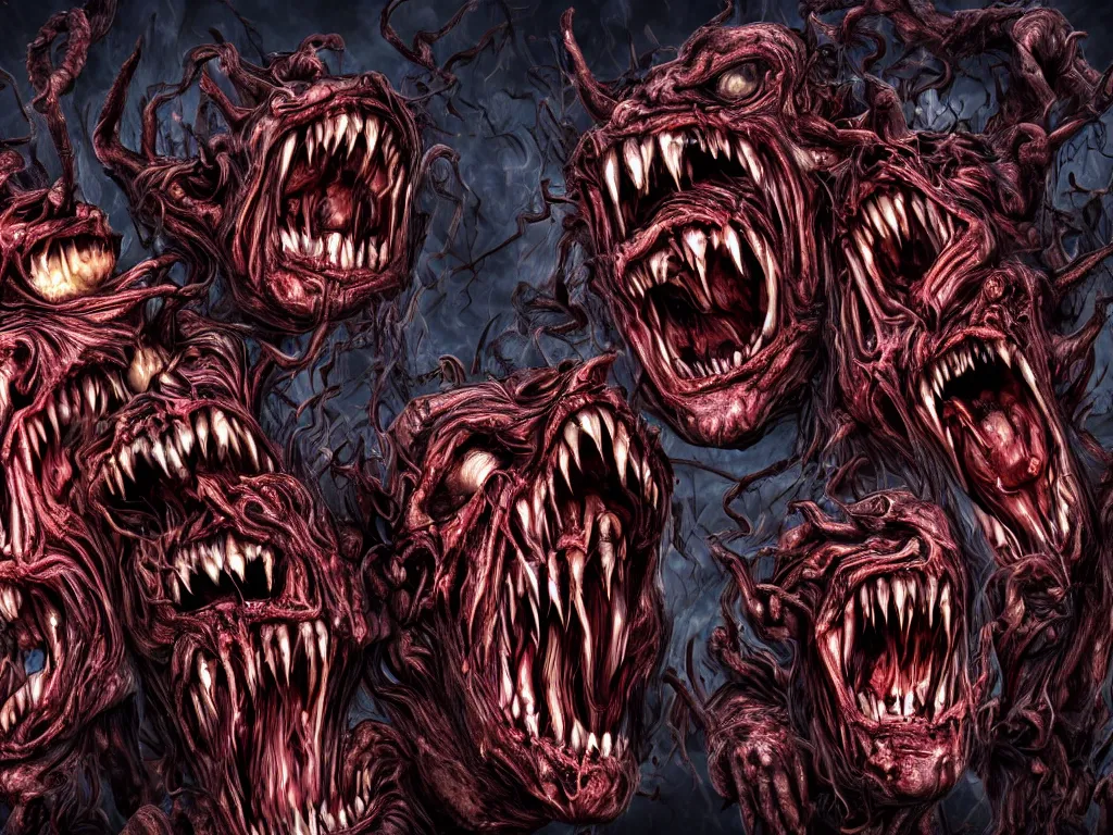 Prompt: twisted demonic creatures screaming at a bleeding sun, horror, grotesque, insanity, nightmare, High Definition detail, 8K