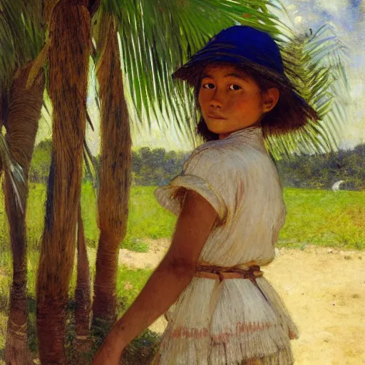 Image similar to a ultradetailed beautiful painting of a girl in amazonas by jules bastien - lepage, hans belmer, frank weston and gustave baumann, trending on artstation, mediterranean, palm trees, light sparkles, sharp focus, soft light