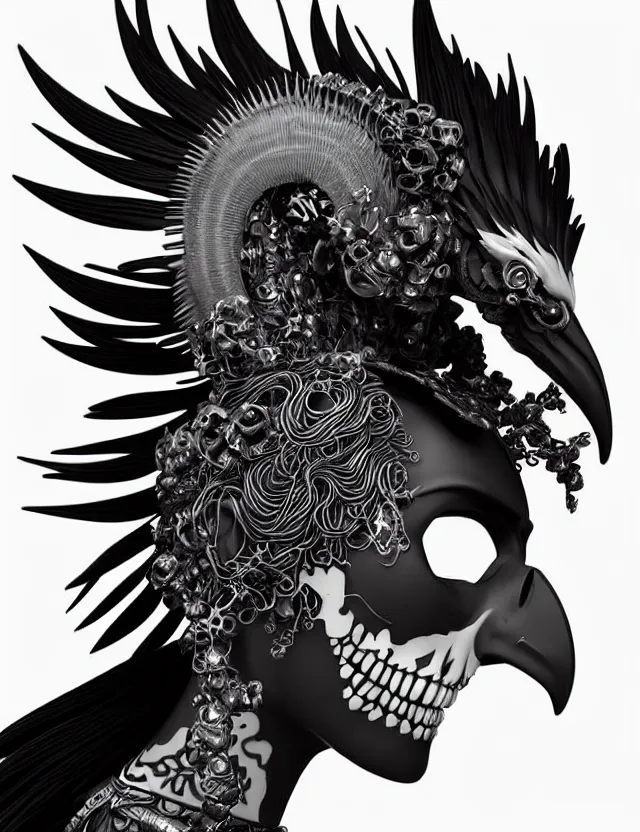 Image similar to 3 d goddess close - up profile simple portrait punk skull with mohawk with ram skull. beautiful intricately detailed japanese crow kitsune mask and clasical japanese kimono. betta fish, jellyfish phoenix, bio luminescent, plasma, ice, water, wind, creature, artwork by tooth wu and wlop and beeple and greg rutkowski