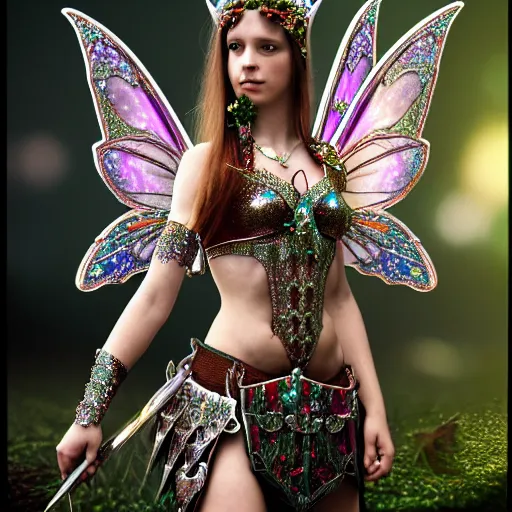 Image similar to photo of a real-life beautiful fairy with bejewelled armour , highly detailed, 4k