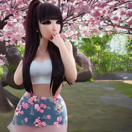 Prompt: a 4k photo famous japanese gyaru with Sakura tree blooming on background, unreal engine